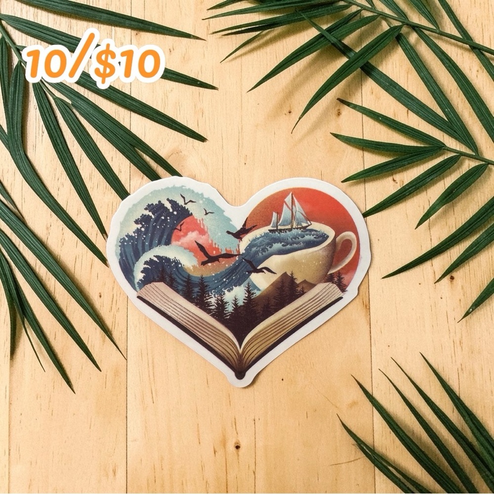 Fantasy Bookscape Heart Sticker – Ocean Wave & Tea Cup Vinyl Decal | Book Lover